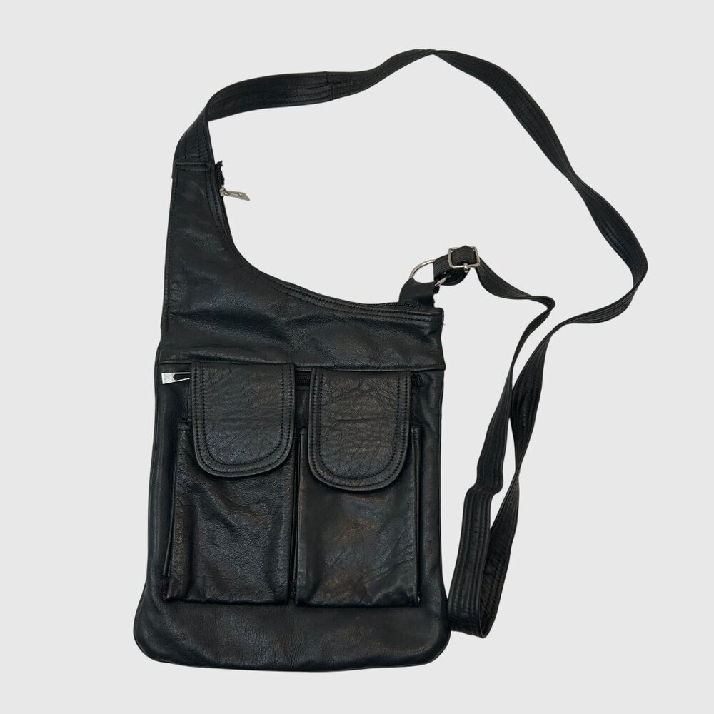 Black Faux Leather Crossbody Sling Bag Travel Utility Chest Pack Messenger Purse